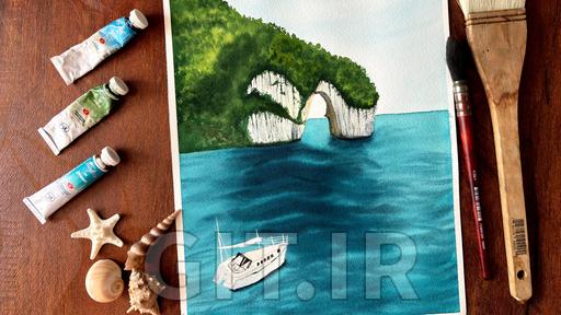 نقاشی جزیره گرمسیری تابستانی با آبرنگ