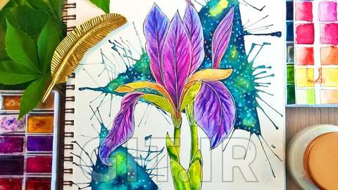 نقاشی آسان گل زنبق با آبرنگ با پس زمینه کهکشان