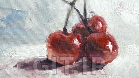 نقاشی رنگ روغن به سبک امپرسیونیسم: طبیعت بی‌جان گیلاس‌ها